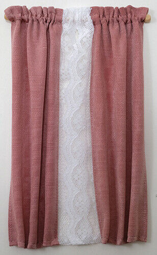 Dollhouse Miniature Dusty Rose Curtains with White Lace Trim