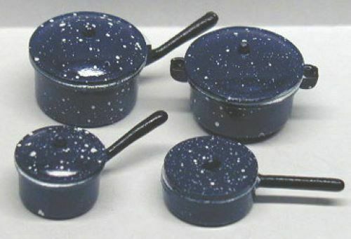 Dollhouse Miniature Blue Spatterware Pots and Pans