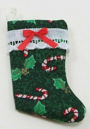 Dollhouse Miniature Christmas Stocking, Green Candy Cane Pattern and White Lace