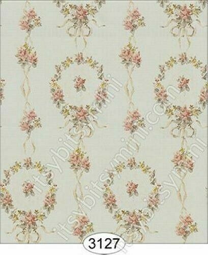 Dollhouse Miniature Wallpaper - Rose Wreaths with Ribbon 1:12 Scale