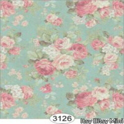 Dollhouse Miniature Wallpaper - Roses on Teal Background 1:12 Scale Itsy Bitsy Minis