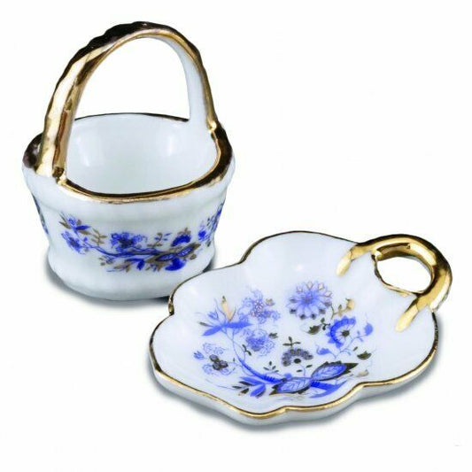 Blue Onion Leaf Bowl and Basket by Reutter Porcelain - Dollhouse Miniature
