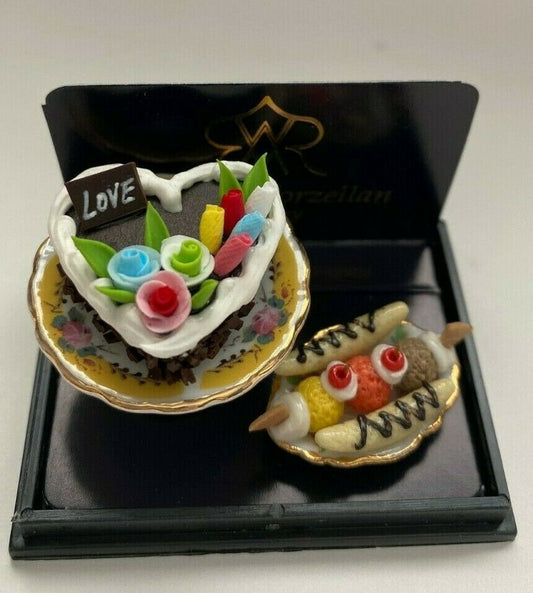 Reutter Porcelain - Dollhouse Miniature Cake on a Plate and Banana Split