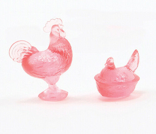 Chrysnbon Rooster and Hen Dishes Pink Dollhouse Miniature