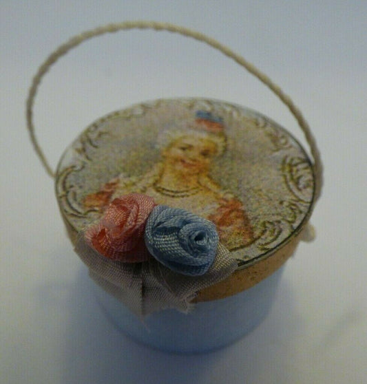 Dollhouse Miniature Blue Hatbox with Pink and Blue Flowers Handcrafted