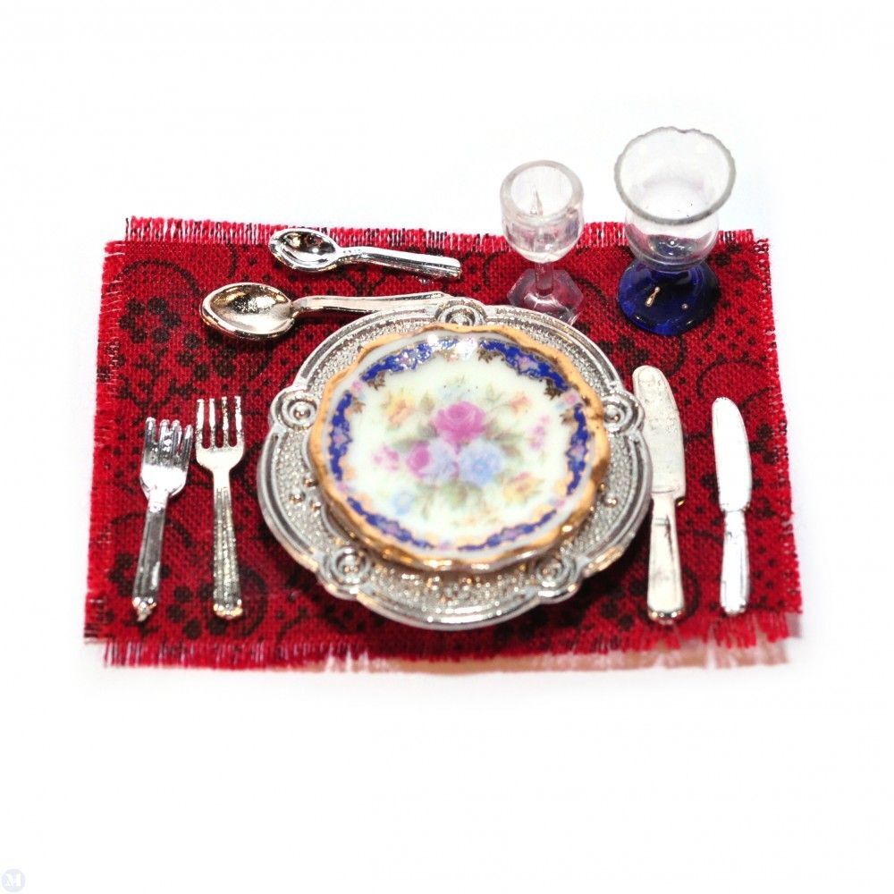Reutter Porcelain - Dollhouse Miniature Royal Blue Dinner Place Setting
