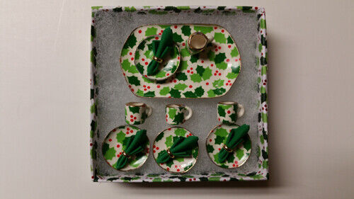 Dollhouse Miniature Boxed Dinner Set Green Holly - Handcrafted