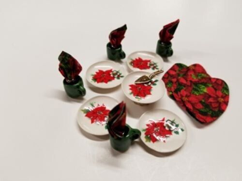 Dollhouse Miniature 9 Piece Poinsettia Dessert Set - Handcrafted