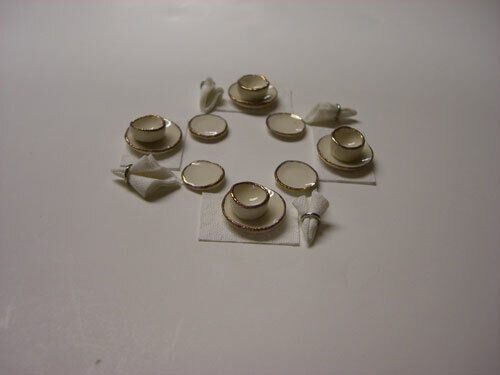 Dollhouse Miniature Set of 4 Dinner Sets White/Gold- Halfscale - Handcrafted