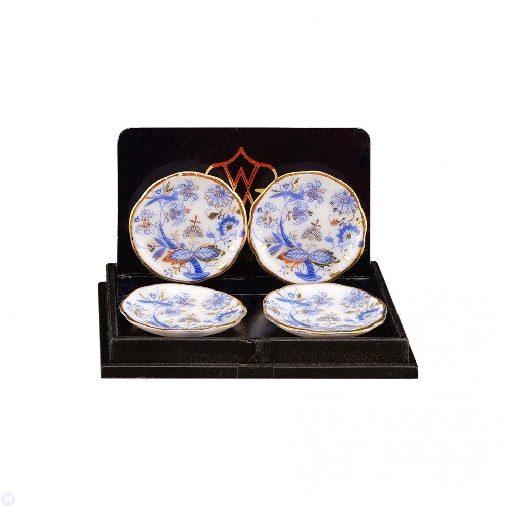 Reutter Porcelain - Dollhouse Miniature Blue and Gold Dinner Plates Set of 4