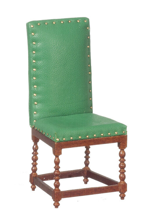JBM Dollhouse Miniature Leather Side Chair in Green and Walnut