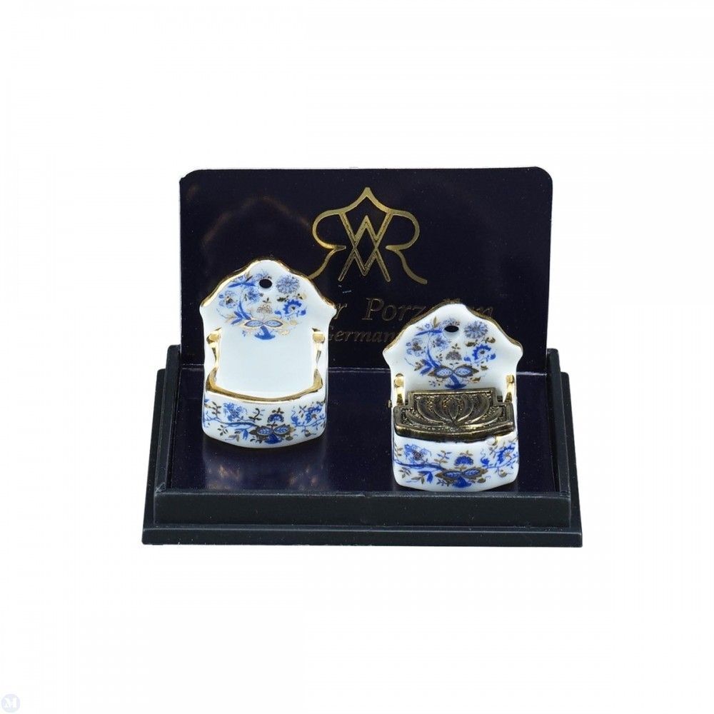 Dollhouse Miniature - Reutter Porcelain - Pair of Blue/Gold Salt Cellars