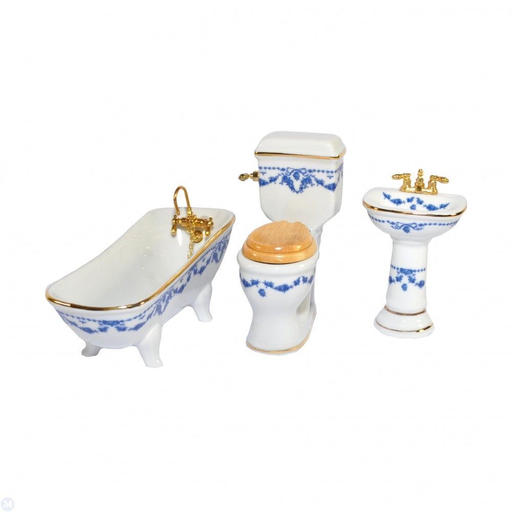 Reutter Porcelain - Dollhouse Miniature Blue Bow Bathroom Set
