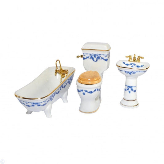 Reutter Porcelain - Dollhouse Miniature Blue Bow Bathroom Set