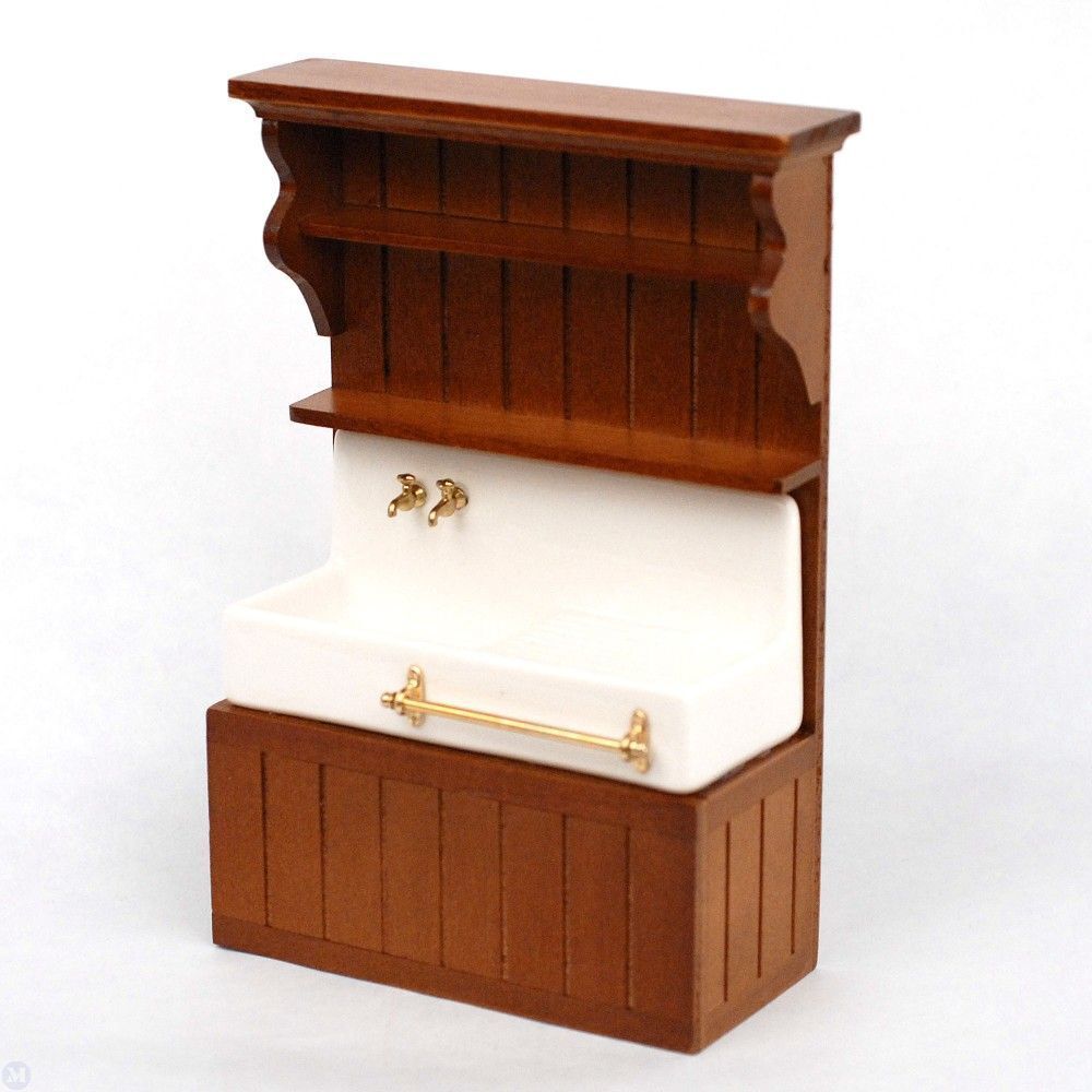 Dollhouse Miniature Kitchen Sink -Brown Wood - Empty by Reutter Porcelain