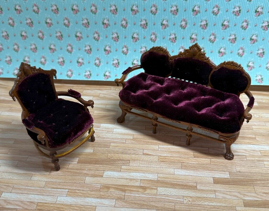 Dollhouse Miniature Walnut Sofa and Chair with Red Velvet Upholstery by Hansson