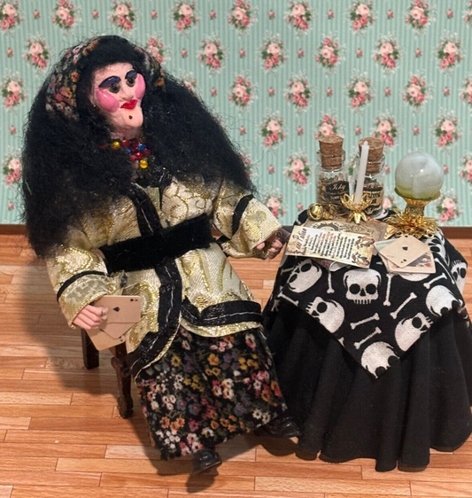 Dollhouse Miniature Halloween Fortune Teller Doll, Table, Chair Handcrafted