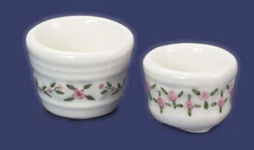 Dollhouse Miniature Porcelain Planter - Rose Design, Set of 2