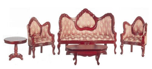 Dollhouse Miniature Living Room Set of 5 - Pink and Walnut