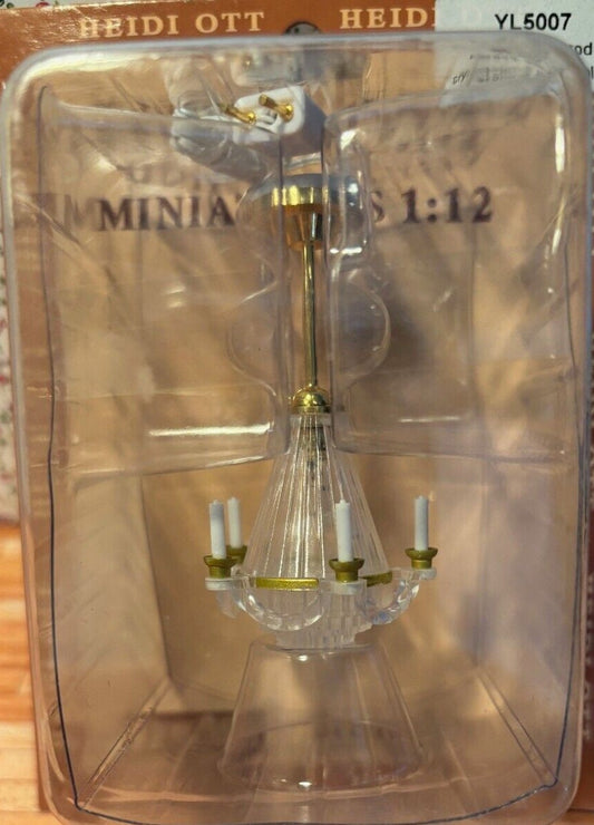 Miniature Dollhouse Brass Downrod Crystaline Chandelier by Heidi Ott 2V electric