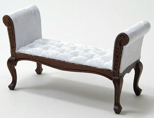 Dollhouse miniature walnut settee with white fabric