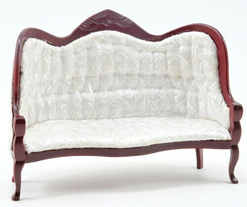 Dollhouse miniature victorian sofa mahogany, white brocade fabric