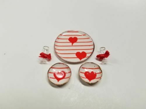 Dollhouse miniature heart platter with wine goblets and plates handcrafted