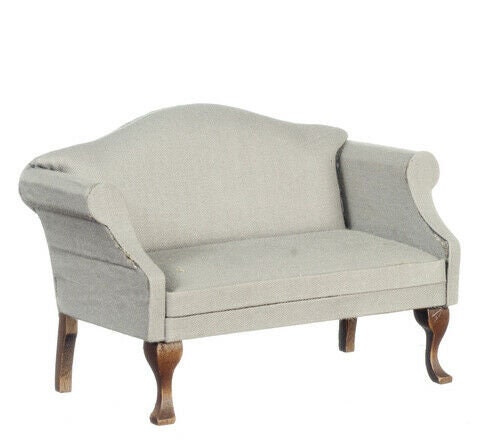 Dollhouse miniature sofa, walnut with gray fabric