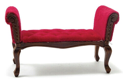 Dollhouse miniature mahogany settee with red velour fabric