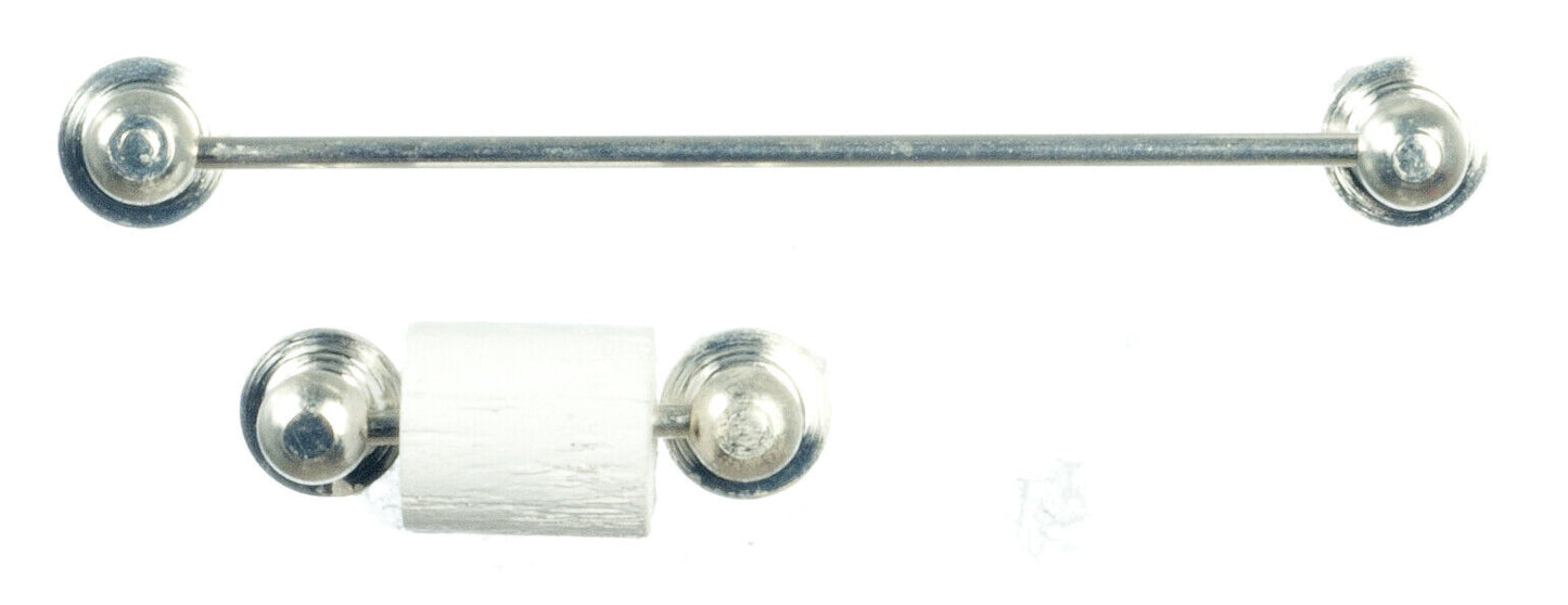 Dollhouse Miniature Chrome Towel and Toilet Paper Holder