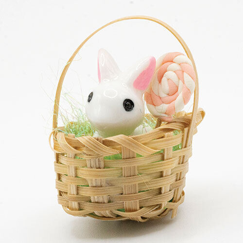 Dollhouse Miniature Bunny in Basket with Lollipop