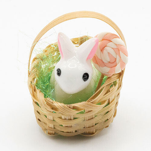 Dollhouse Miniature Bunny in Basket with Lollipop