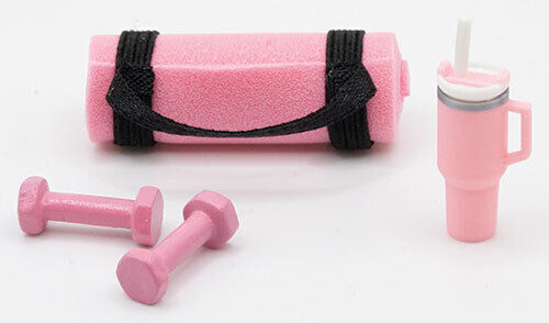 Dollhouse Miniature Pink Exercise Set - Yoga Mat, Weights, Tumbler