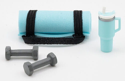 Dollhouse Miniature Blue Exercise Set - Yoga Mat, Weights, Tumbler