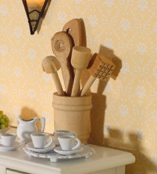 Dollhouse Miniature Wooden Utensils in Pot, 6 Pieces