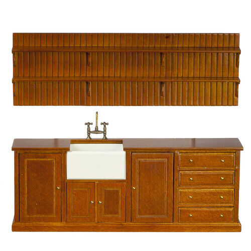 JBM Fine Miniature Kitchen Sink and Plate Rack in Walnut for Dollhouse