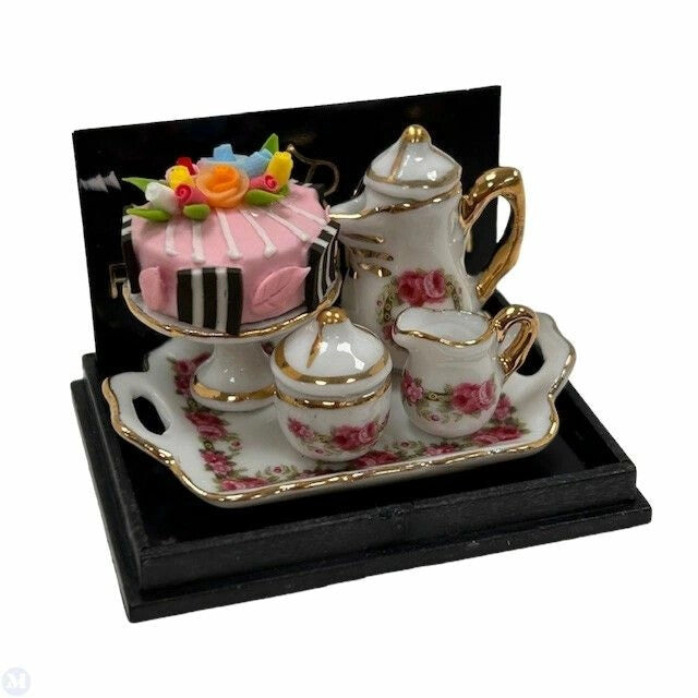 Dollhouse Miniature Reutter Porcelain Coffee Tray with Rose Cake in Rose Design