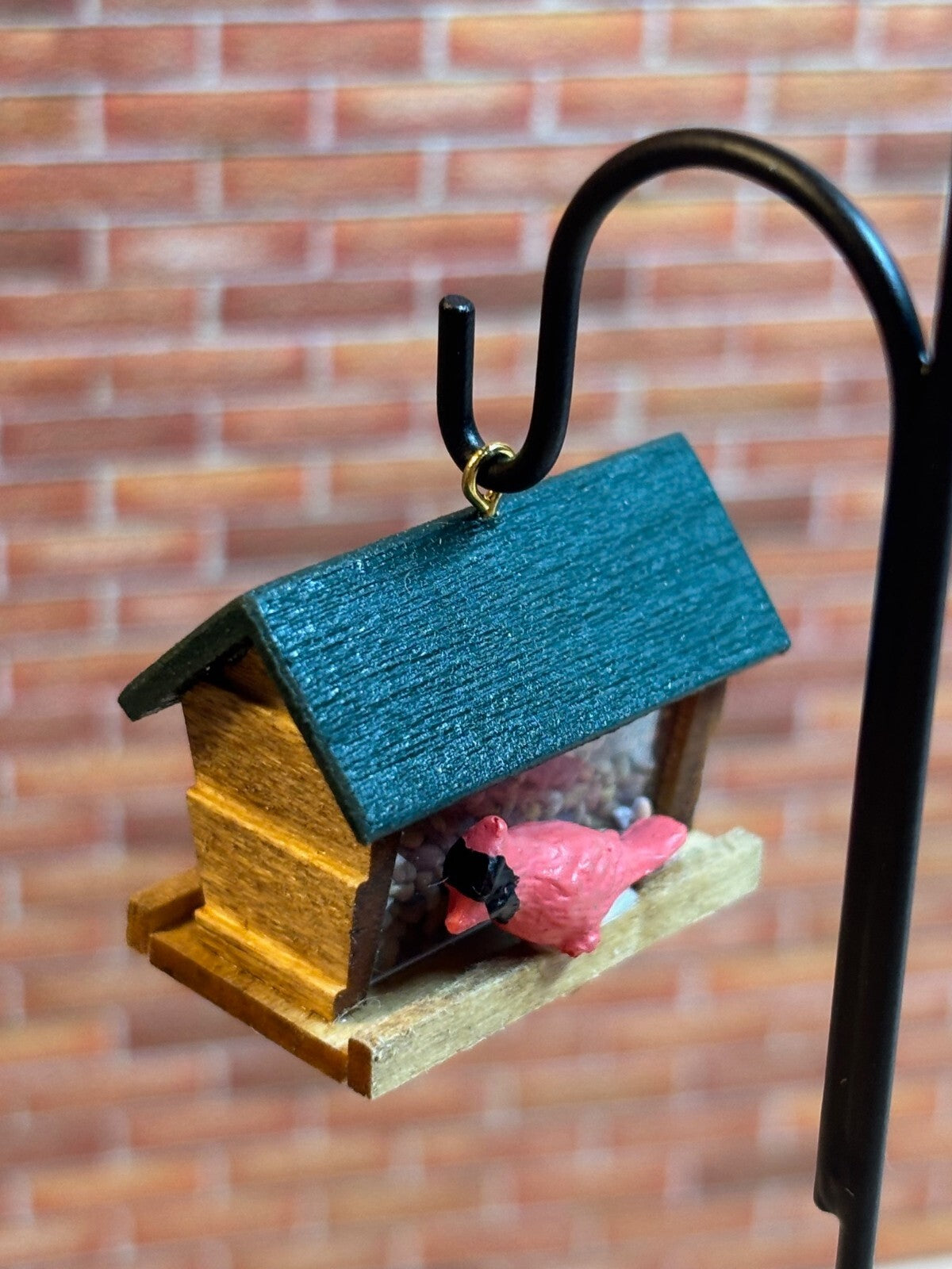 Dollhouse Miniature Green Birdfeeder with Cardinal - Handcrafted