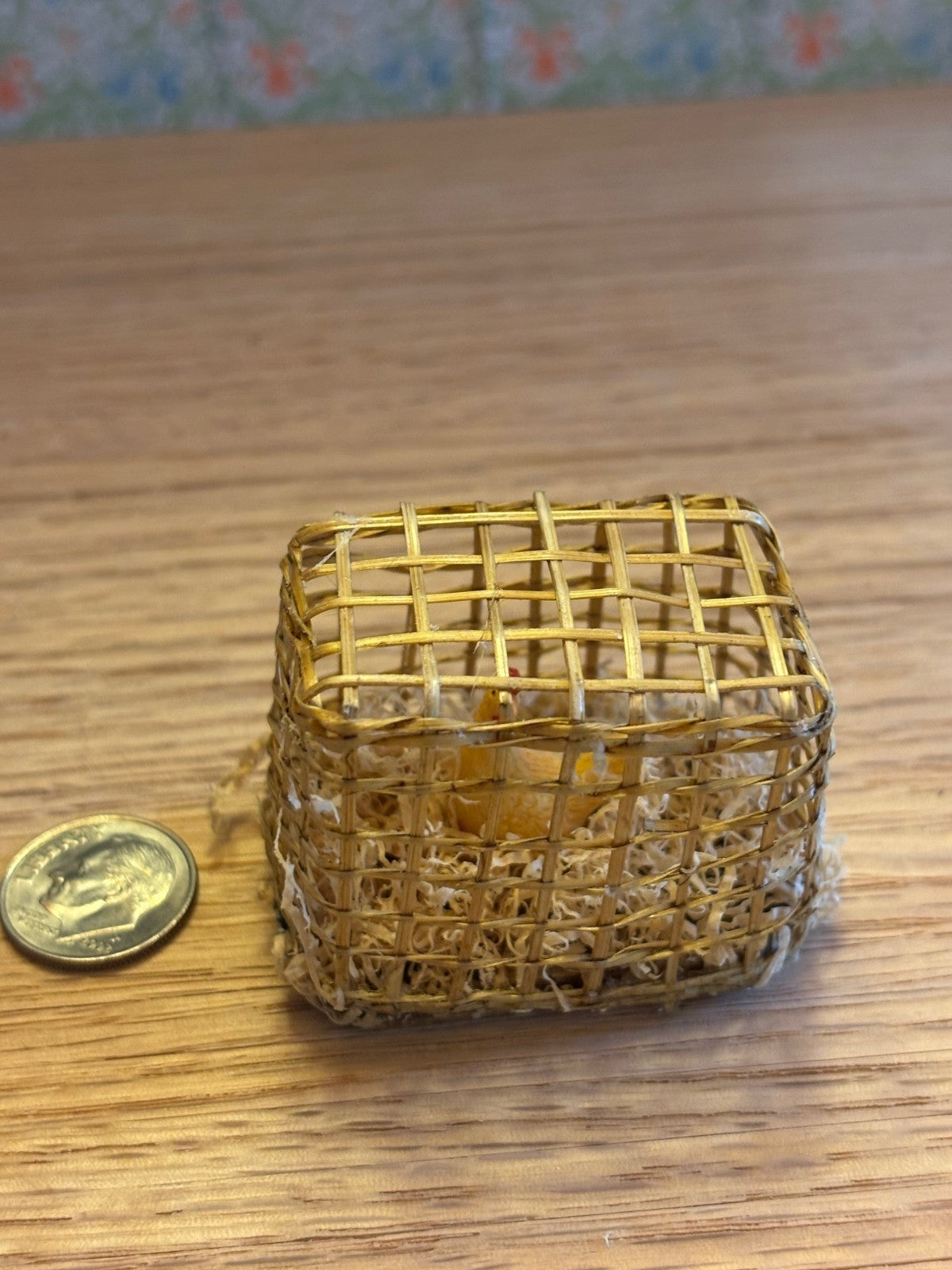 Dollhouse Miniature Wicker Cage with Chicken