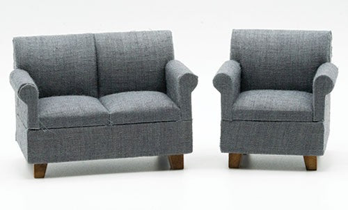 Dollhouse Miniature Loveseat and Armchair, Dark Gray