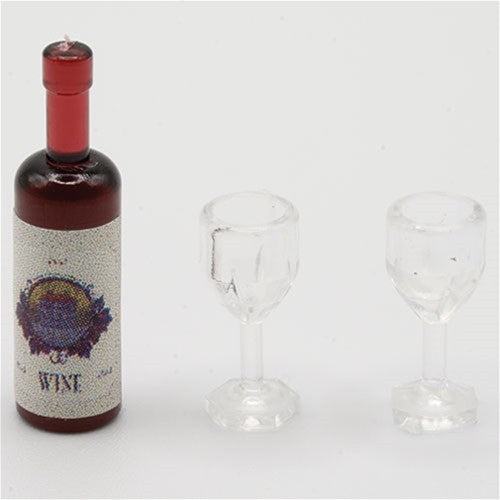 Dollhouse Miniature Wine Bottle with 2 Empty Wine Glasses