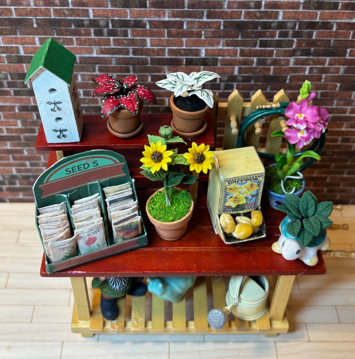 Dollhouse Miniature Potting Bench with Accessories Handcrafted H