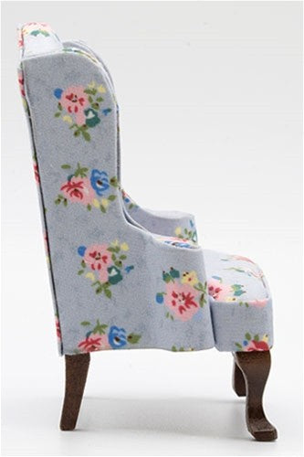 Dollhouse Miniature Chair, Walnut with Gray Floral Fabric