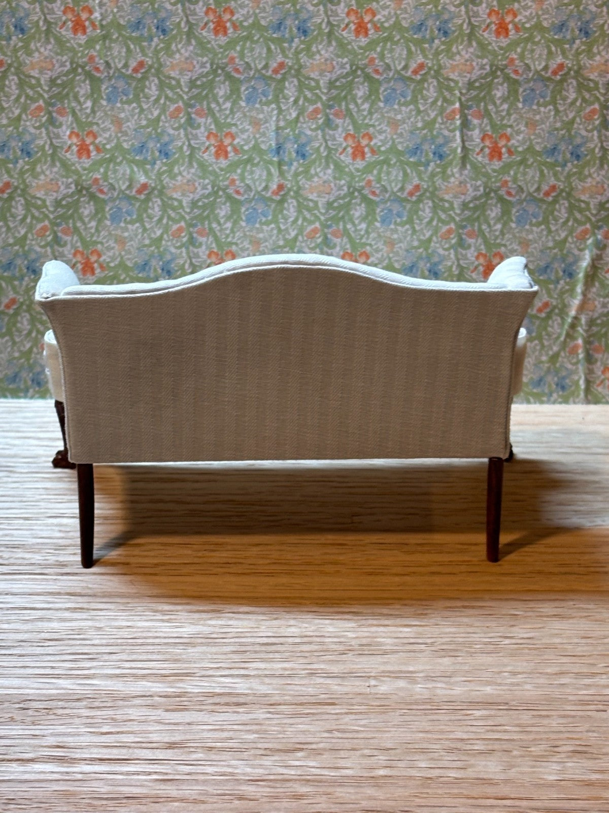 Dollhouse Miniature Walnut Sofa with White Striped Upholstery by Hansson