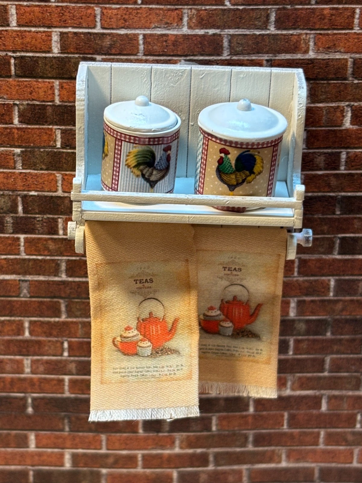 Dollhouse Miniature Kitchen Canister Shelf with Rooster Canisters Handcrafted