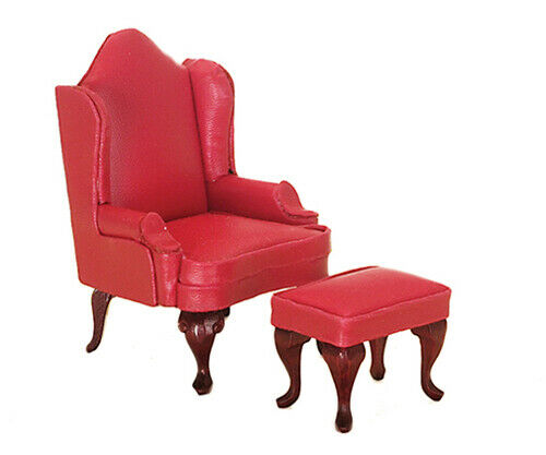 Dollhouse Miniature Wing Chair with Ottoman in Red