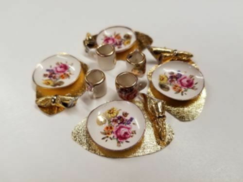 Dollhouse Miniature Set of 4 Dinner Sets - Rose and Daisy - Handcrafted