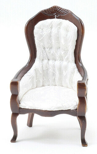 Dollhouse Miniature Victorian Gent's Chair Walnut with White Brocade Fabric
