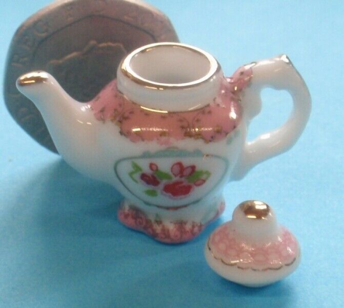 Dollhouse Miniature Pink and Gold China Teapot