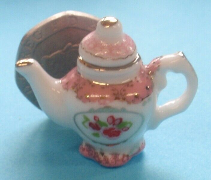 Dollhouse Miniature Pink and Gold China Teapot